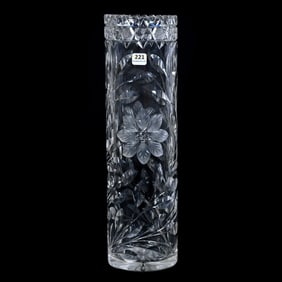 Cylinder Vase, American Brilliant Cut Glass, Engraved Floral Pattern, Button Border