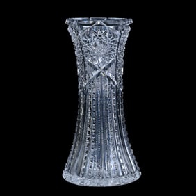 Vase, American Brilliant Cut Glass, Prism Cut Body With Panels Of Hobstar Highlights