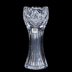 Vase, American Brilliant Cut Glass, Prism Cut Body With Hobstar And Fan Border