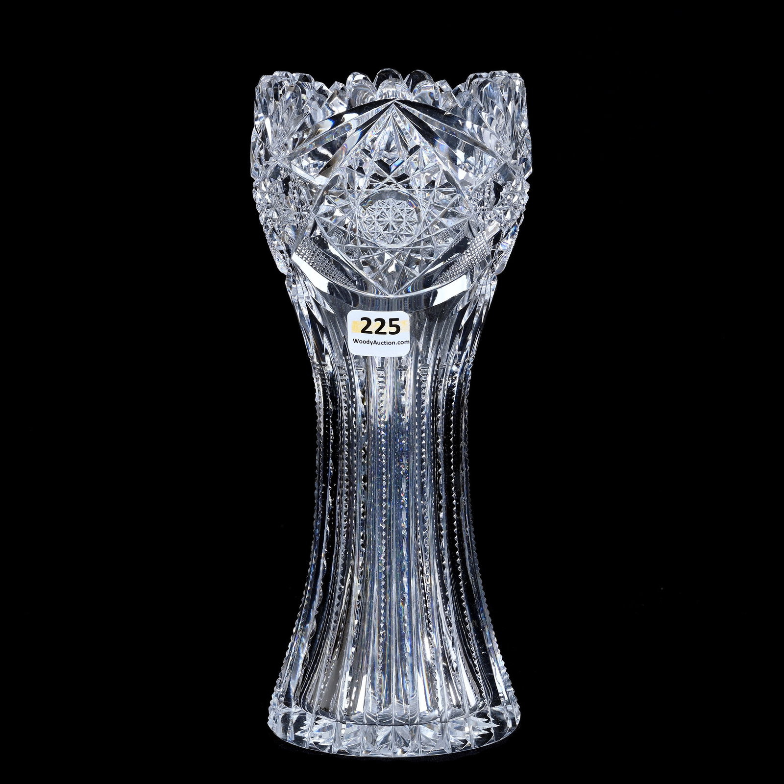 Vase, American Brilliant Cut Glass, Prism Cut Body With Hobstar And Fan Border: Vase, American Brilliant Cut Glass, Prism Cut Body With Hobstar And Fan Border, 9.5" x 4", Ray Cut Base, Estate of Paul Pellet, Texas.