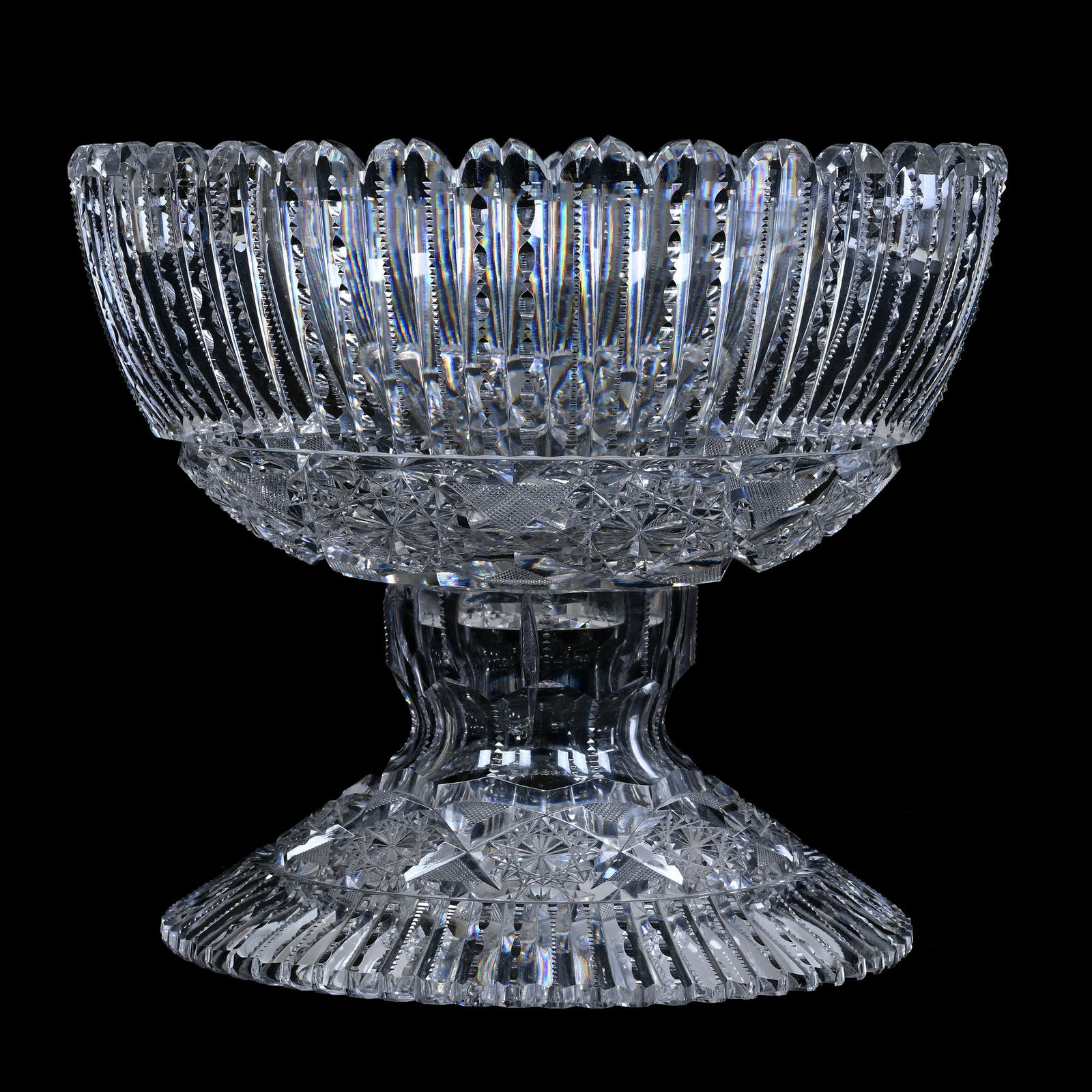 Two Part Punchbowl, American Brilliant Cut Glass, Sylph Pattern By C.F. Monroe -: Two Part Punchbowl, American Brilliant Cut Glass, Sylph Pattern By C.F. Monroe -, 8.5" x 10", Some Edge Chips On Bowl Rim, One Large Chip On Base Outer Stand Rim, One Tooth Chip On Base, Bob And Jo Pa