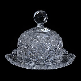 Covered Butterdish, American Brilliant Cut Glass, Hobstar, Nailhead Diamond And Fan Motif
