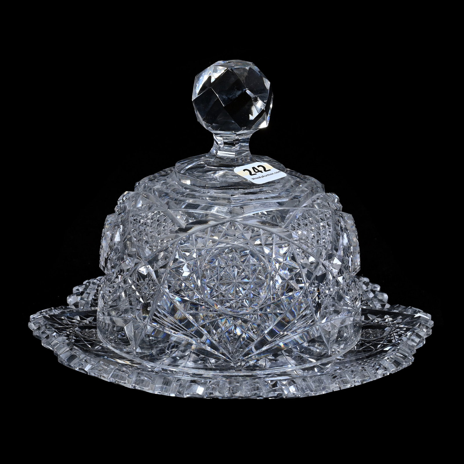 Covered Butterdish, American Brilliant Cut Glass, Hobstar, Nailhead Diamond And Fan Motif: Covered Butterdish, American Brilliant Cut Glass, Hobstar, Nailhead Diamond And Fan Motif, 6" x 7.75", Bob And Jo Patton Collection, CA.