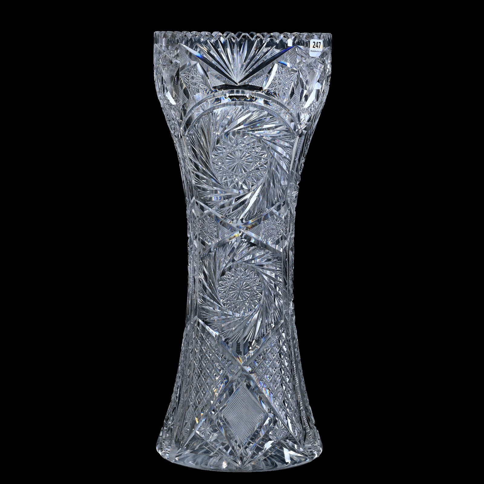 Vase, ABCG, Pinwheel, Crosscut Diamond, Hobstar, Strawberry Diamond, Star, Zipper And Fan Motif: Vase, American Brilliant Cut Glass, Pinwheel, Crosscut Diamond, Hobstar, Strawberry Diamond, Star, Zipper And Fan Motif, 17.75" x 7.25", Ray Cut Base - 11 Pounds Total Weight, Bob And Jo Patton Collec