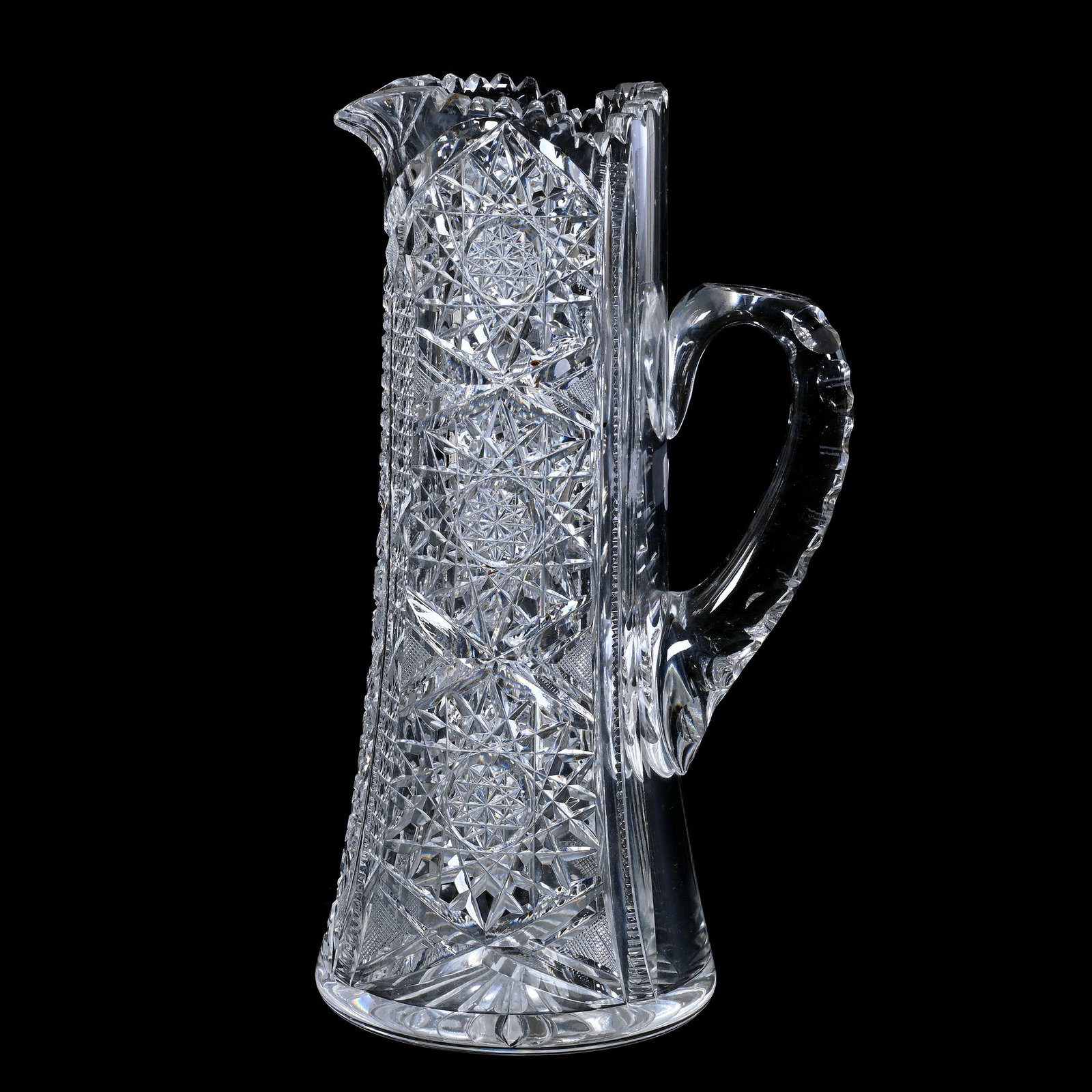 Tankard, American Brilliant Cut Glass, Hobstar, Cane, Strawberry Diamond And Prism Motif: Tankard, American Brilliant Cut Glass, Hobstar, Cane, Strawberry Diamond And Prism Motif, 11.25" x 5.75", Double Notched Handle, Ray Cut Base, Bob And Jo Patton Collection, CA.
