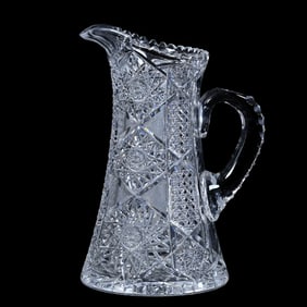 Water Pitcher, American Brilliant Cut Glass, Hobstar, Cane And Strawberry Diamond Motif
