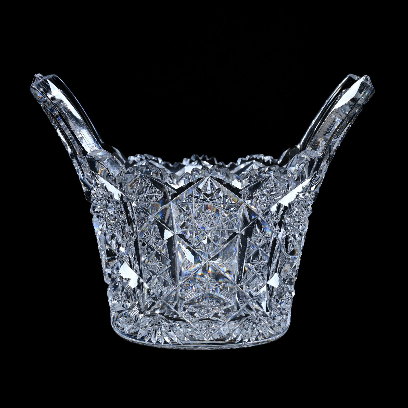 Ice Tub, Tab Handles, American Brilliant Cut Glass: Ice Tub, Tab Handles, American Brilliant Cut Glass, 6" x 7.75" x 5.75", Hobstar, Star And Fan Motif, Hobstar Base, Quality Blank, Bob And Jo Patton Collection, CA.