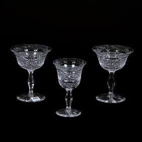 (3) Stems, American Brilliant Cut Glass, By Dorflinger, Hobstar Chain, Engraved Floral Border