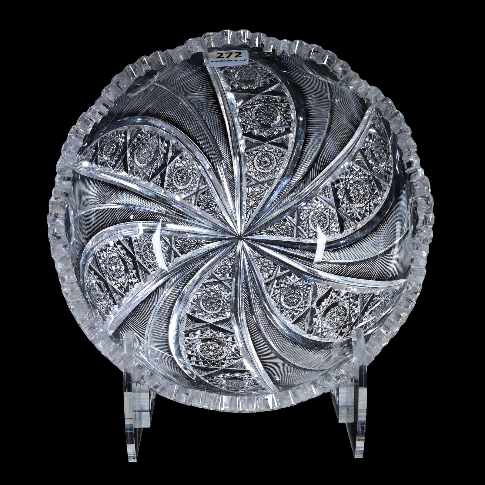 Bowl, ABCG, Alternating Peacock Feather And Hobstar Vesica Swirl Design: Bowl, American Brilliant Cut Glass, Alternating Peacock Feather And Hobstar Vesica Swirl Design, 3.5" x 8.25", Very Unique, Rim Nick, Missouri Private Collection.