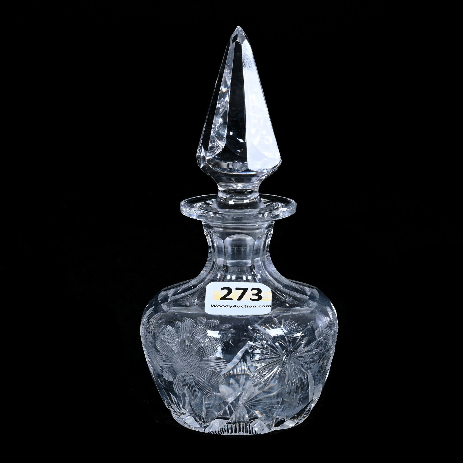 Perfume Bottle, American Brilliant Cut Glass, Butterfly And Daisy Motif: Perfume Bottle, American Brilliant Cut Glass, Butterfly And Daisy Motif, 5.5" x 2.75", Ray Cut Base, Missouri Private Collection.