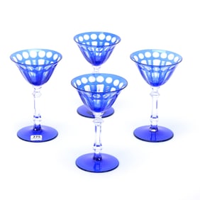 (4) Champagne Stems, Blue Cut To Clear, Attributed To Cambridge