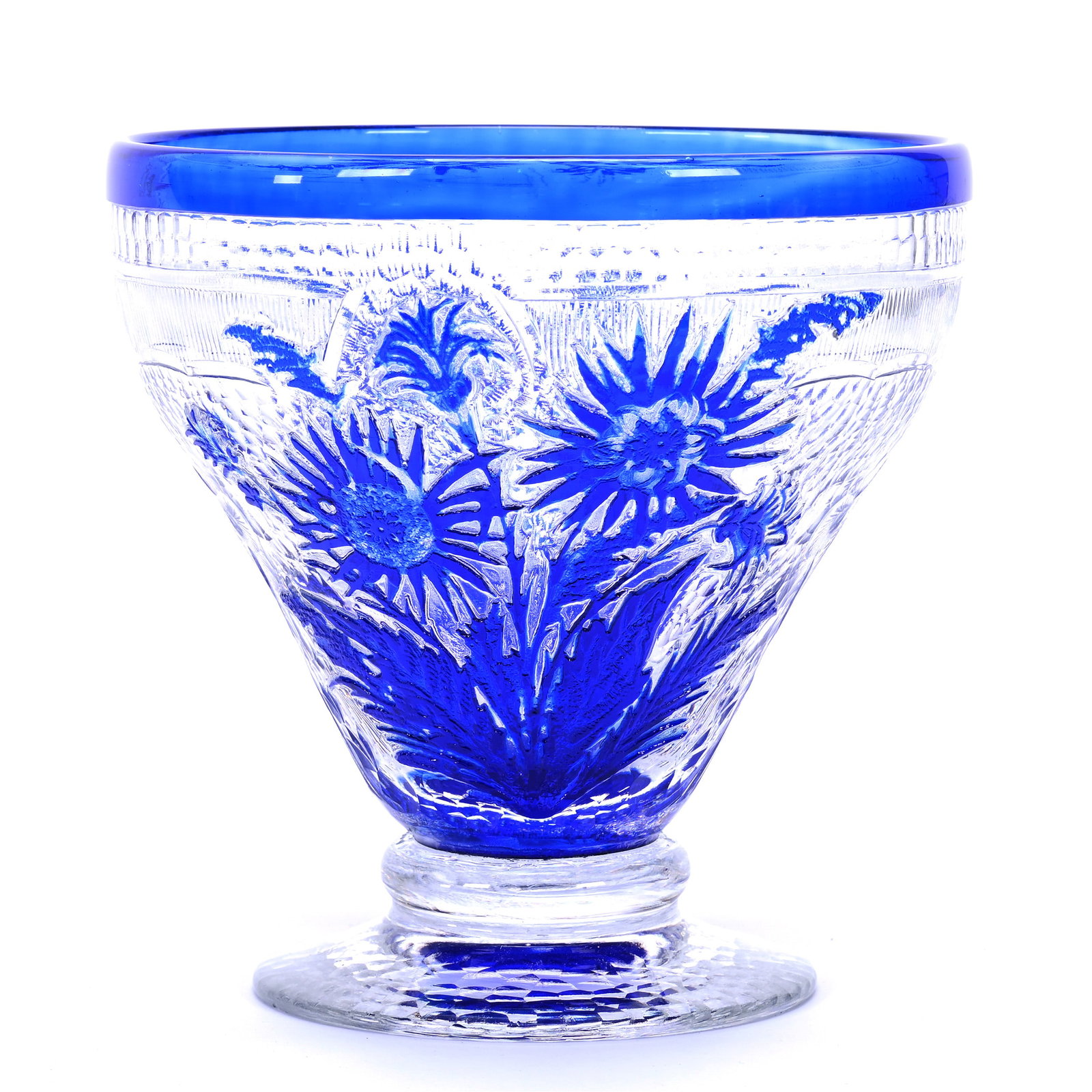 Pedestal Vase, Unmarked Webb Cameo Art Glass: Pedestal Vase, Unmarked Webb Cameo Art Glass, 6.75" x 6.75", Blue Cut To Clear Floral Decor, Missouri Private Collection.