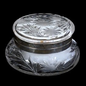Powder Box, American Brilliant Cut Glass, Engraved Floral Pattern