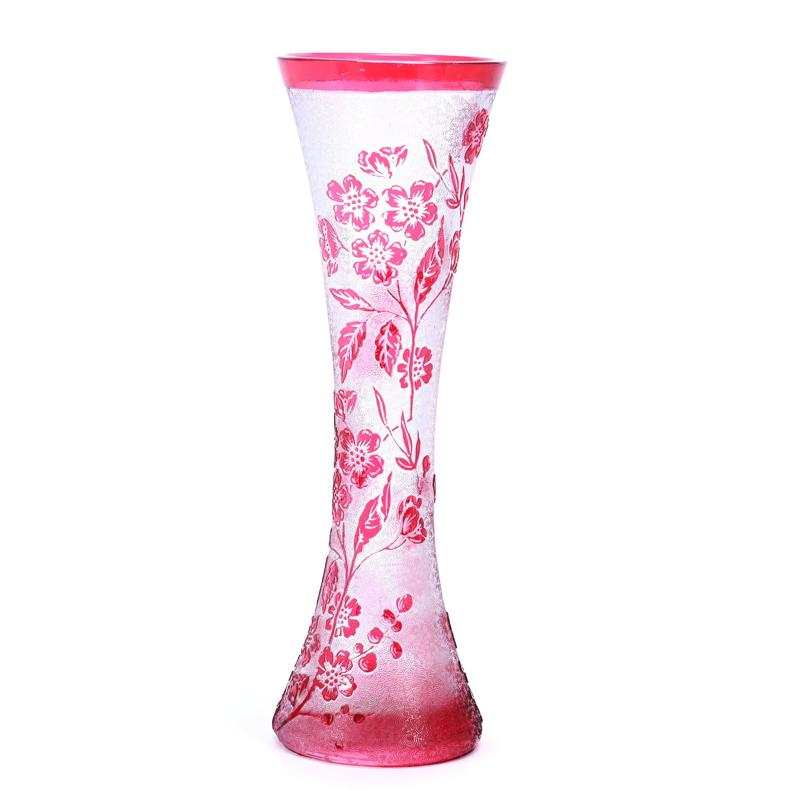 Vase, Baccarat Cranberry Acid Cut To Clear Floral Decor: Vase, Baccarat Cranberry Acid Cut To Clear Floral Decor, 10" x 3.25", Missouri Private Collection.