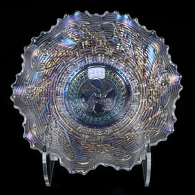 Ruffled Plate, Carnival Glass, Nippon Pattern By Northwood, White