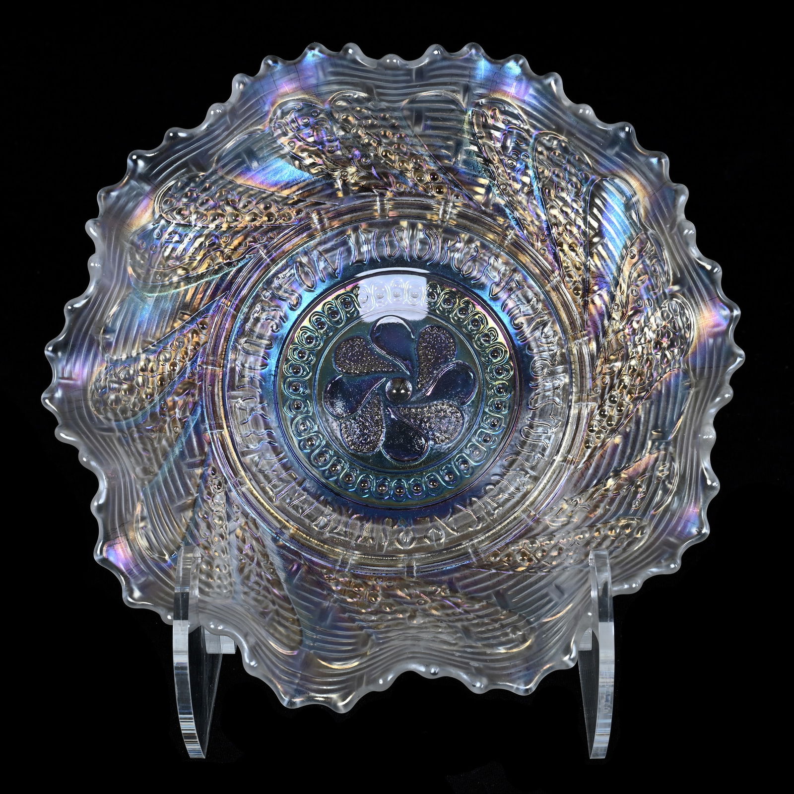 Ruffled Plate, Carnival Glass, Nippon Pattern By Northwood, White: Ruffled Plate, Carnival Glass, Nippon Pattern By Northwood, White, 8.5", Basketweave Exterior, Missouri Private Collection.