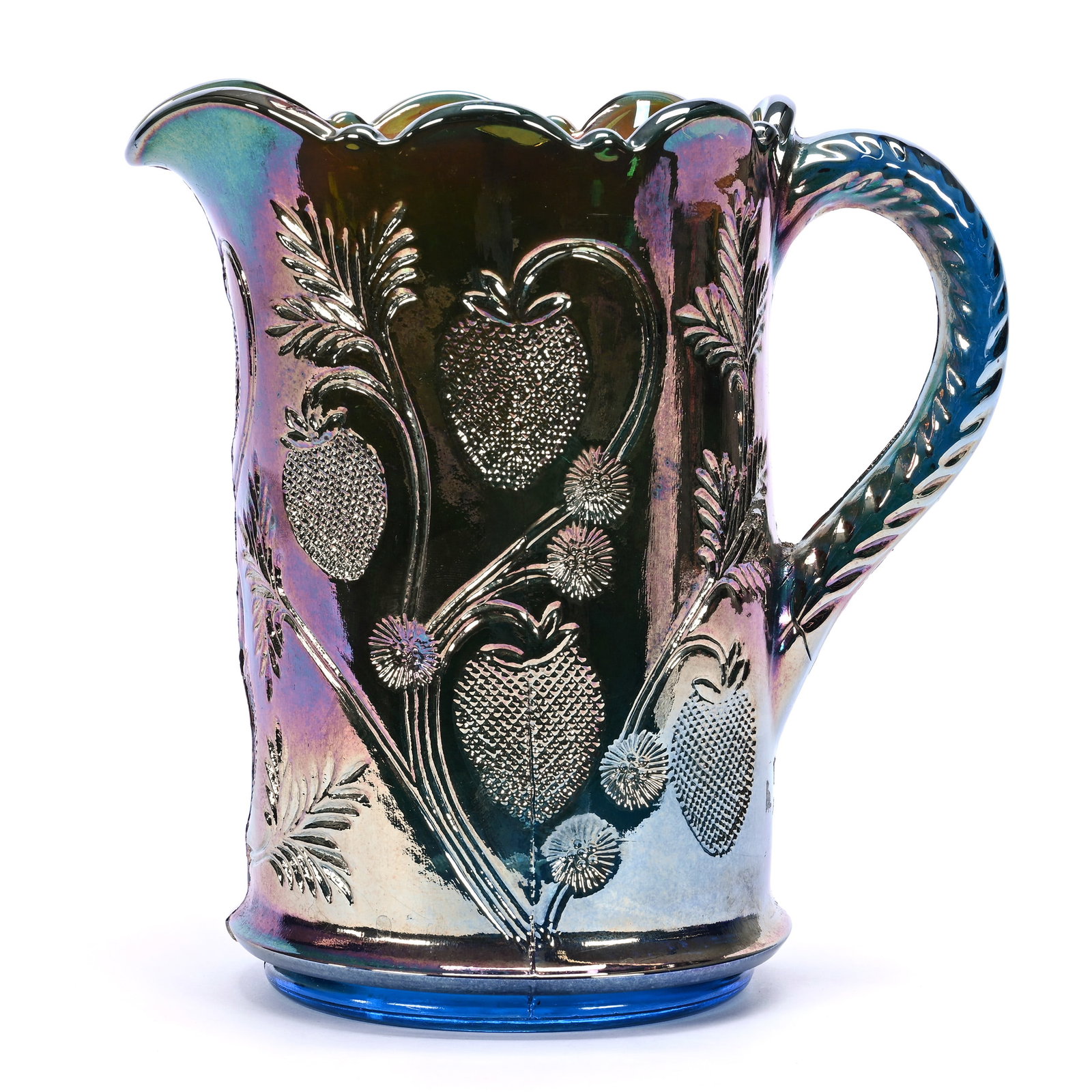 Water Pitcher, Contemporary Carnival Glass Marked Near Cut By Bennett Guernsey: Water Pitcher, Contemporary Carnival Glass Marked Near Cut By Bennett Guernsey, 8" x 8", Teal Blue, Missouri Private Collection.