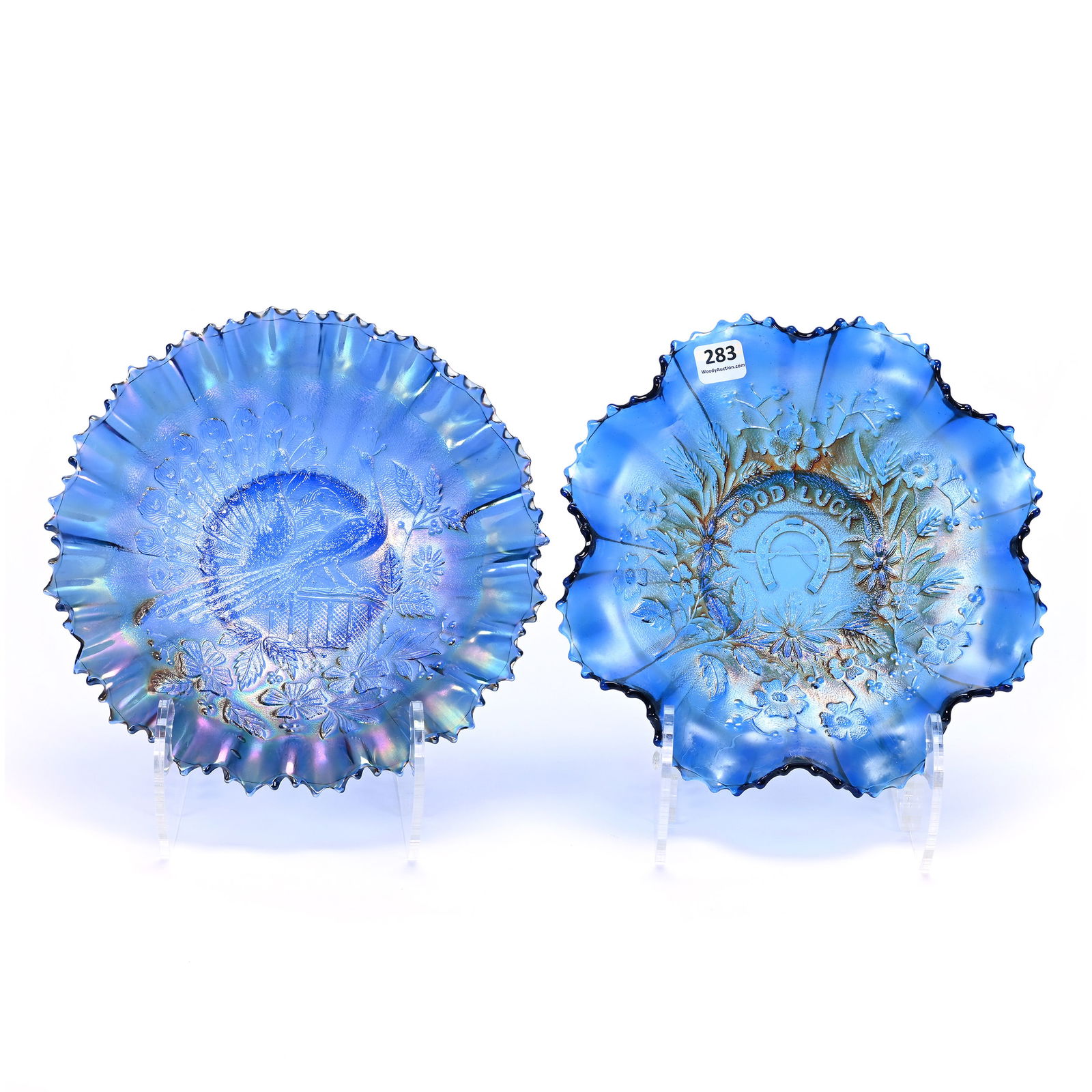 (2) Bowls, Carnival Glass, Both Are Northwood, Blue (1 of 4)