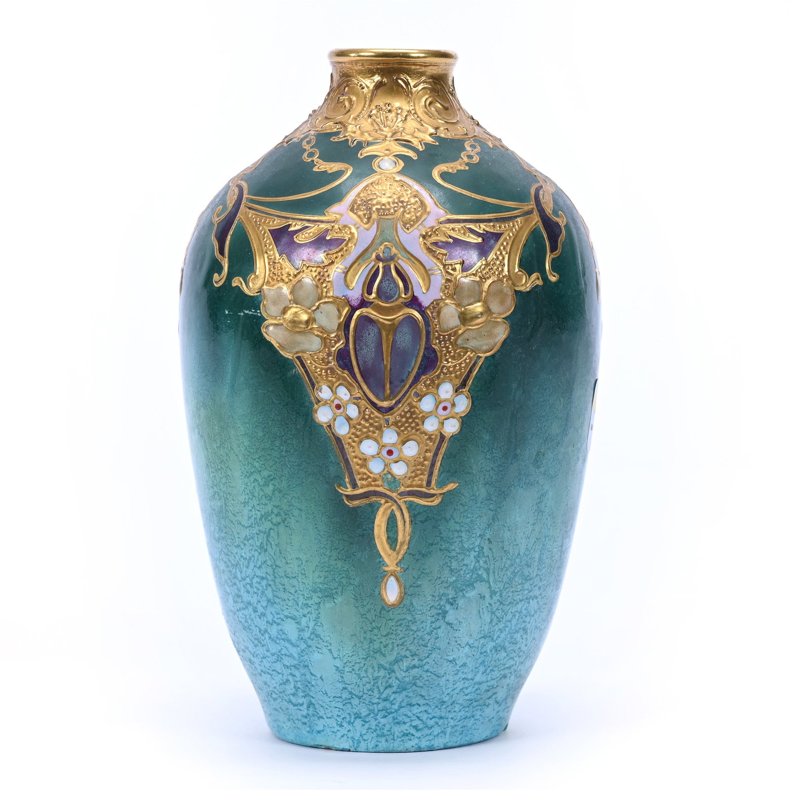 Vase Marked Royal Bonn, Marbleized Green Background: Vase Marked Royal Bonn, Marbleized Green Background, 6.5" x 4", Heavy Enamel Art Deco Decor, Missouri Private Collection.