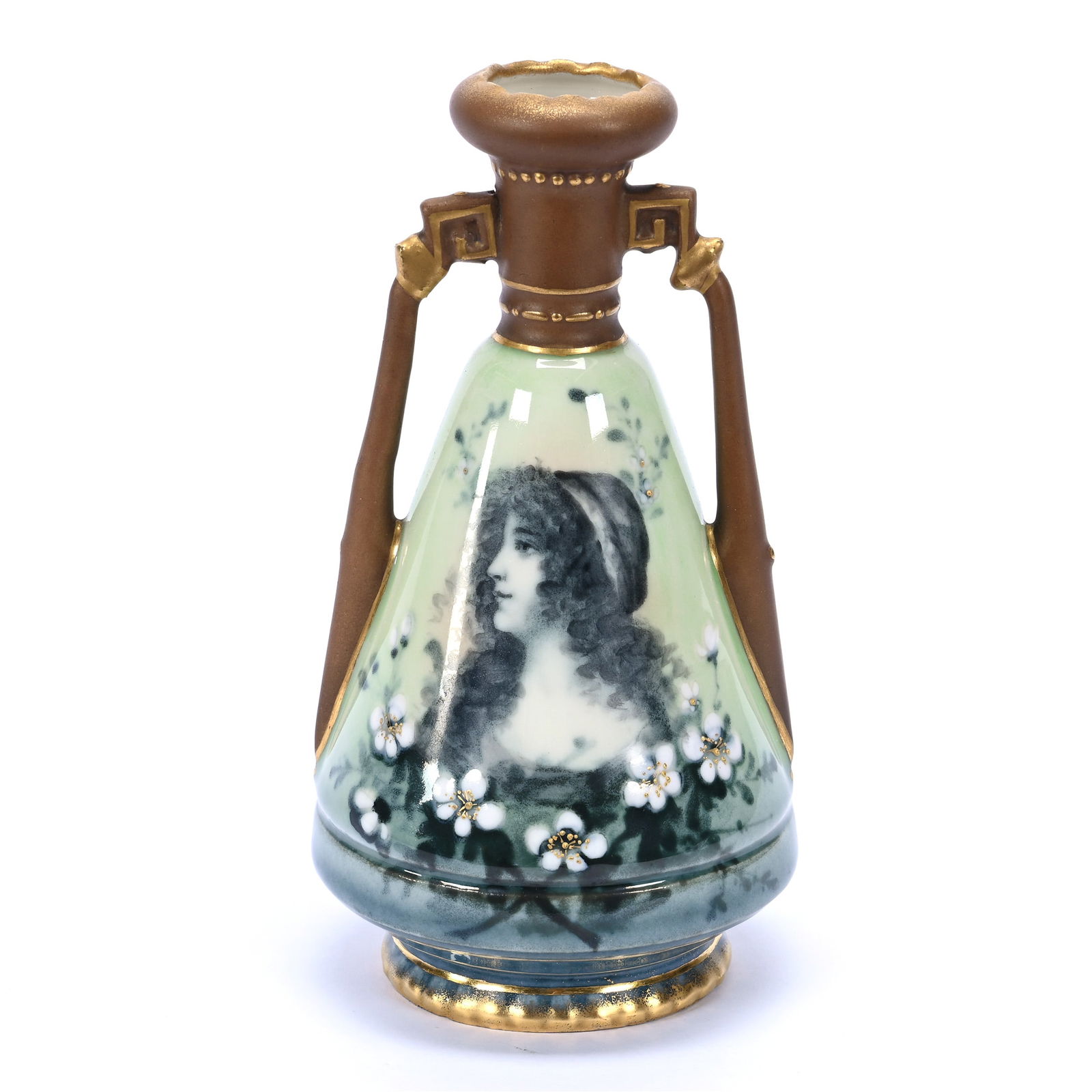 Vase, Two Handles, Marked Ernst Wahliss: Vase, Two Handles, Marked Ernst Wahliss, 6.25" x 3.25", Green Ground With Portrait Of Young Woman And Flowers, Brown Trim, Gold Highlights, Missouri Private Collection.