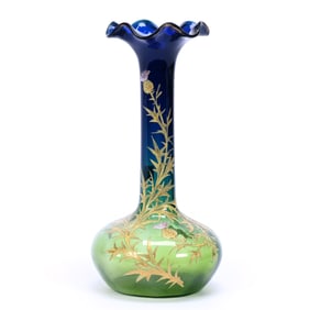 Vase, Unusual Cobalt Blue Art Glass Shading To Green