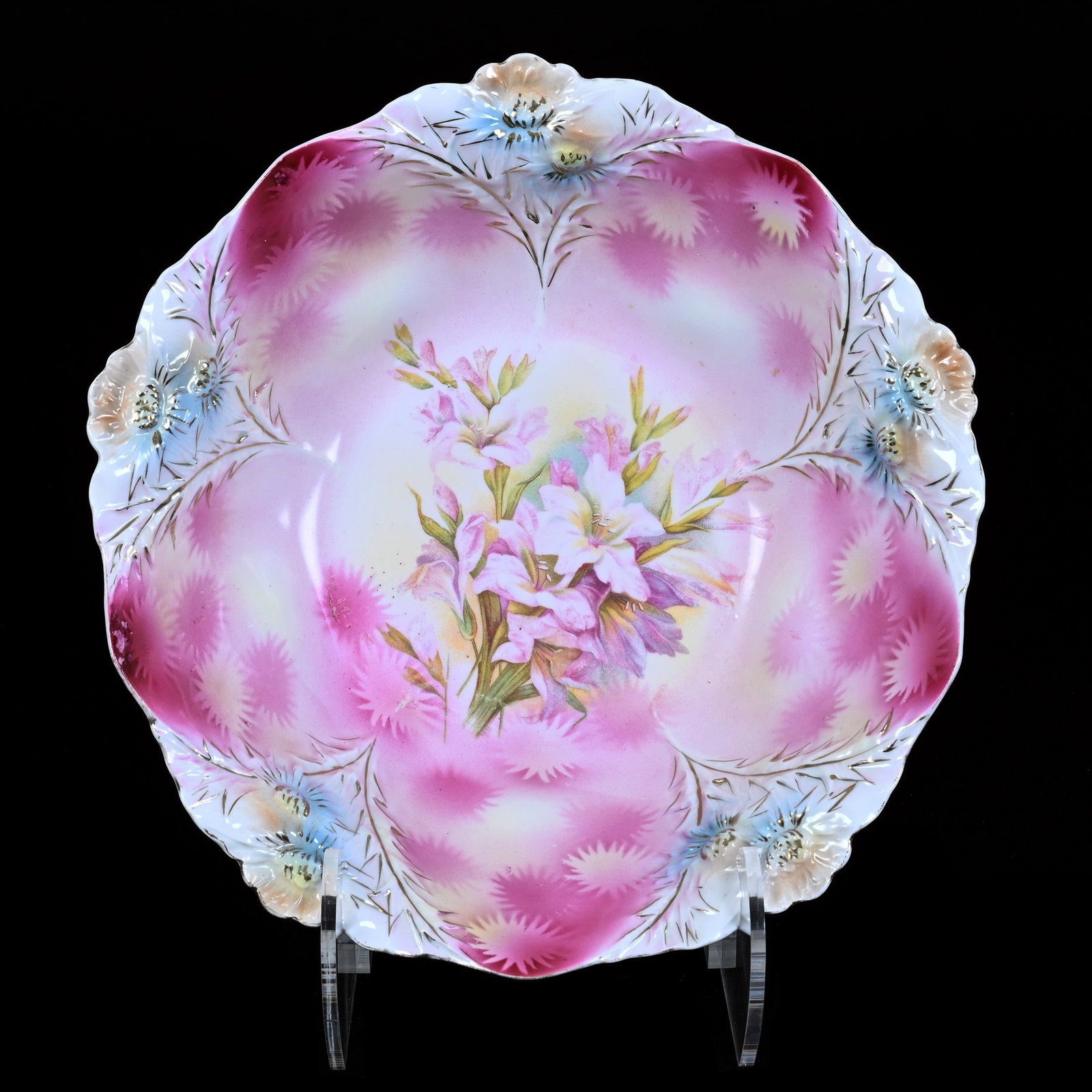 Bowl Marked R. S. Prussia, Floral Mold: Bowl Marked R. S. Prussia, Floral Mold, 10.75", Pink And Yellow Tones, Floral Decor, Missouri Private Collection.