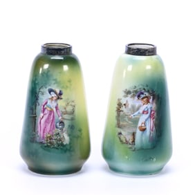 Pair Vases, Unmarked R. S. Prussia, (1) Woman With Watering Can, (1) Woman With Chicks, Both Have