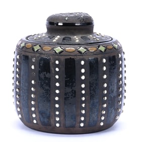 Humidor Marked Nippon, Brown And Black Tones, White Beaded Tapestry Highlights