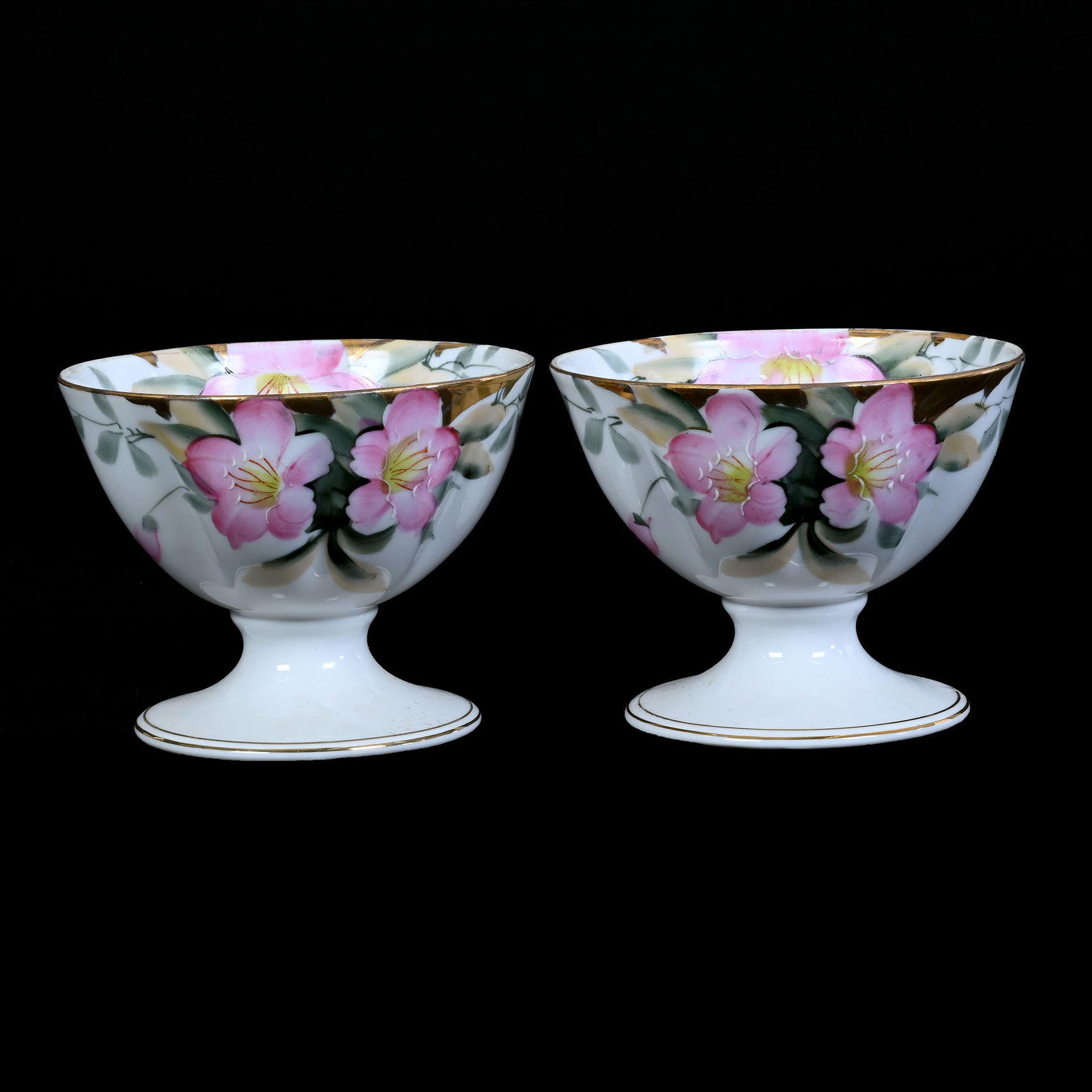 Pair Pedestal Bowls Marked Noritake: Pair Pedestal Bowls Marked Noritake, 3.5" x 4.75", White With Pink Floral Decor, Missouri Private Collection.