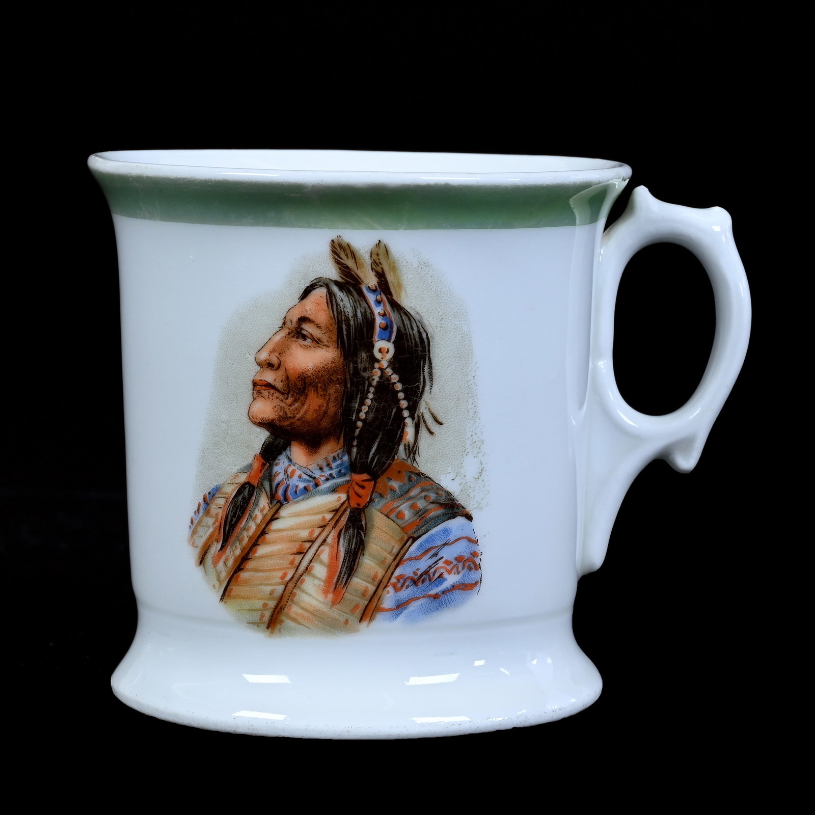 Mug, Unmarked Germany, Native American Indian Portrait: Mug, Unmarked Germany, Native American Indian Portrait, 3.5" x 4.25", Green And White Luster Finish, Missouri Private Collection.