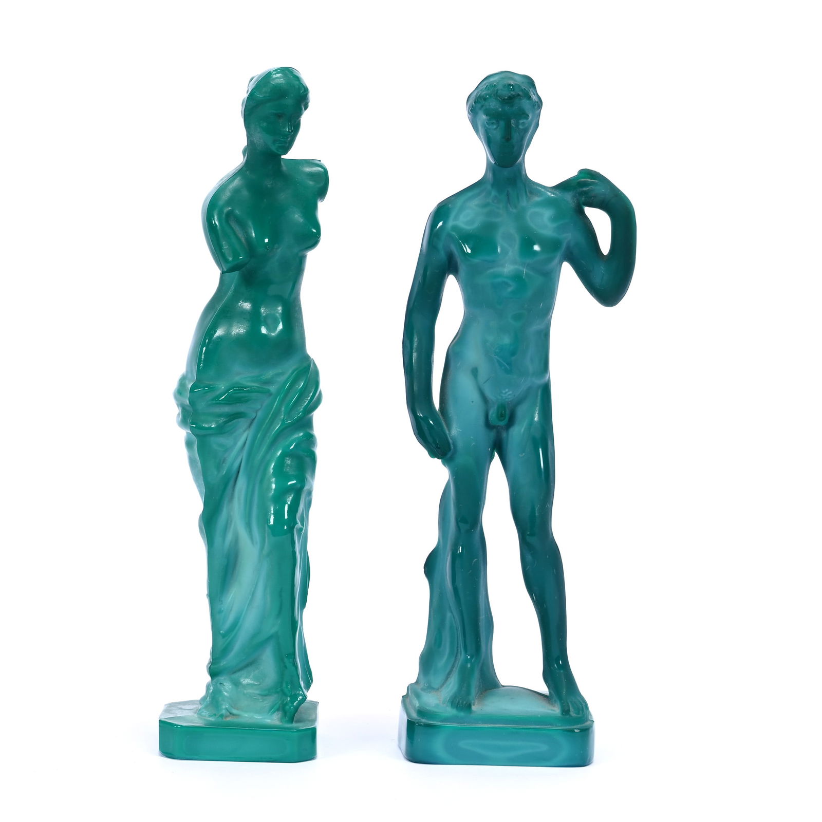 Pair Figurines, Green Malachite, David And Venus: Pair Figurines, Green Malachite, David And Venus, 8" x 2" approximately, Missouri Private Collection.