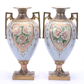 Pair Pedestal Urns, Two Handles, Bolted, Nippon Green Wreath Mark
