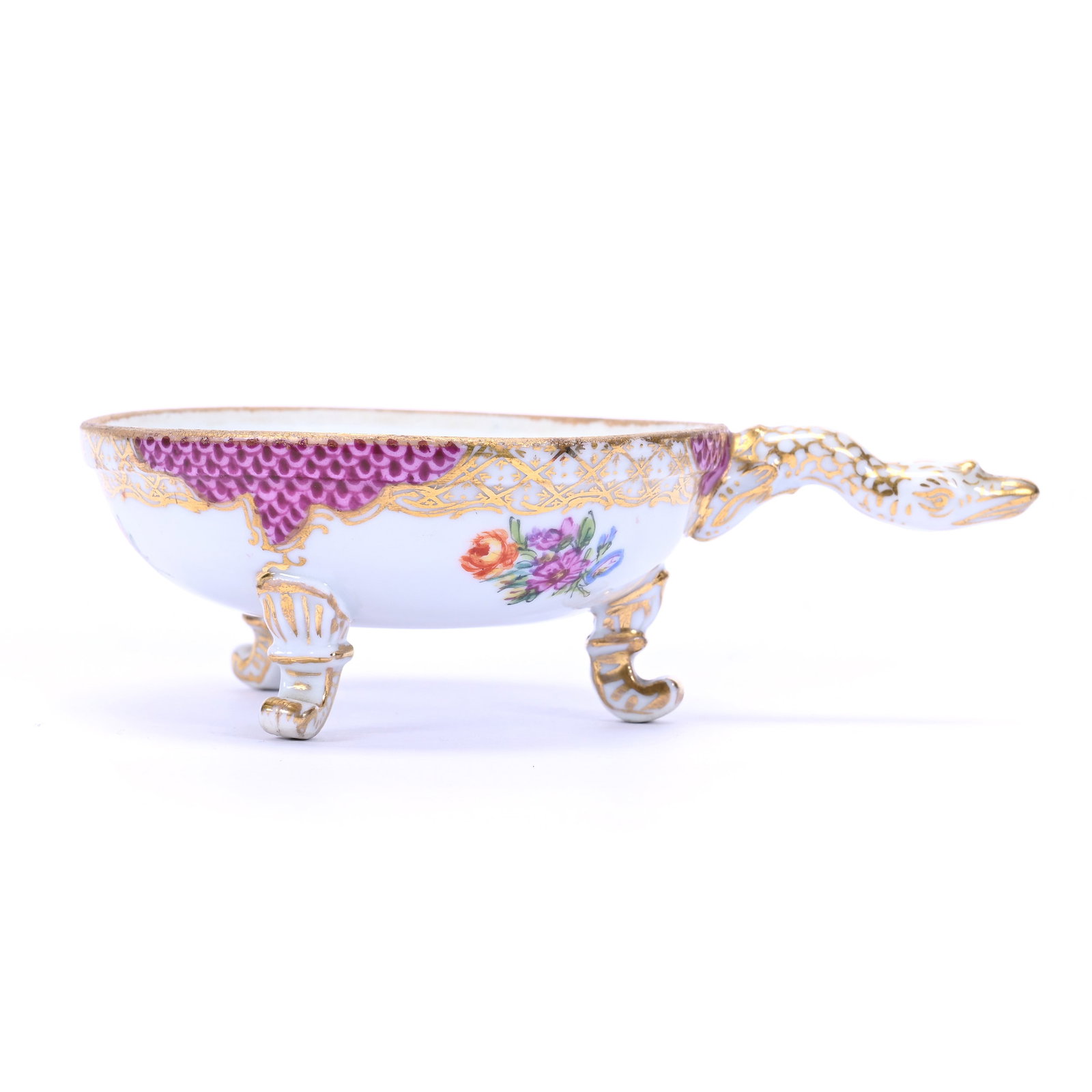 Ramekin, Swan Handle, Marked Carl Thiene: Ramekin, Swan Handle, Marked Carl Thiene, 1.5" x 5.25" x 3.5", Meissen Style, White With Pink Border, Floral Decor, No Lid, Missouri Private Collection.