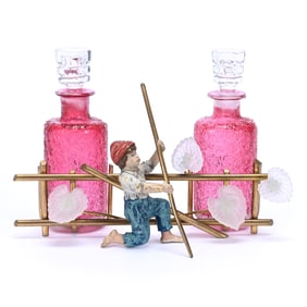 Vanity Set, Double Cased Cranberry Art Glass Perfume Bottle Inserts