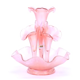 Epergne, Four Lily, Marked Fenton Pink Iridescent Stretch Glass