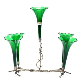 Epergne, Five Lily, Solid Emerald Green Trumpet Vases