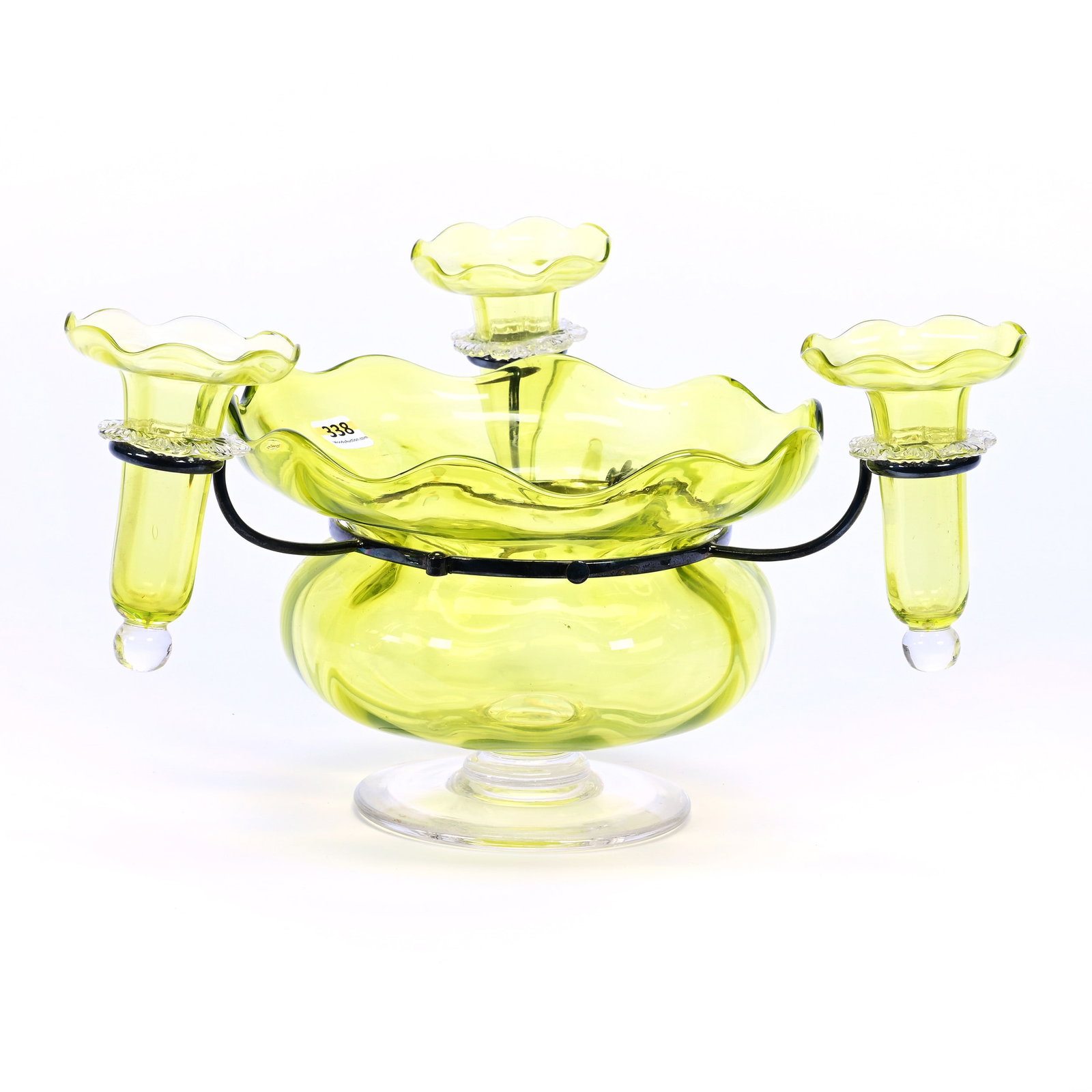 Pedestal Bowl With Three Lily Epergne, Solid Yellow Bowl With Applied Pedestal: Pedestal Bowl With Three Lily Epergne, Solid Yellow Bowl With Applied Pedestal, 7.25" x 12.5", Silverplate Ring Holder With Three Removable Lilies, The Late Bunny Koppelman whose epergne Collection is