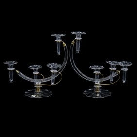 Pair Of Four Lily Epergnes, Clear Crystal With Removable Clear Lily Inserts