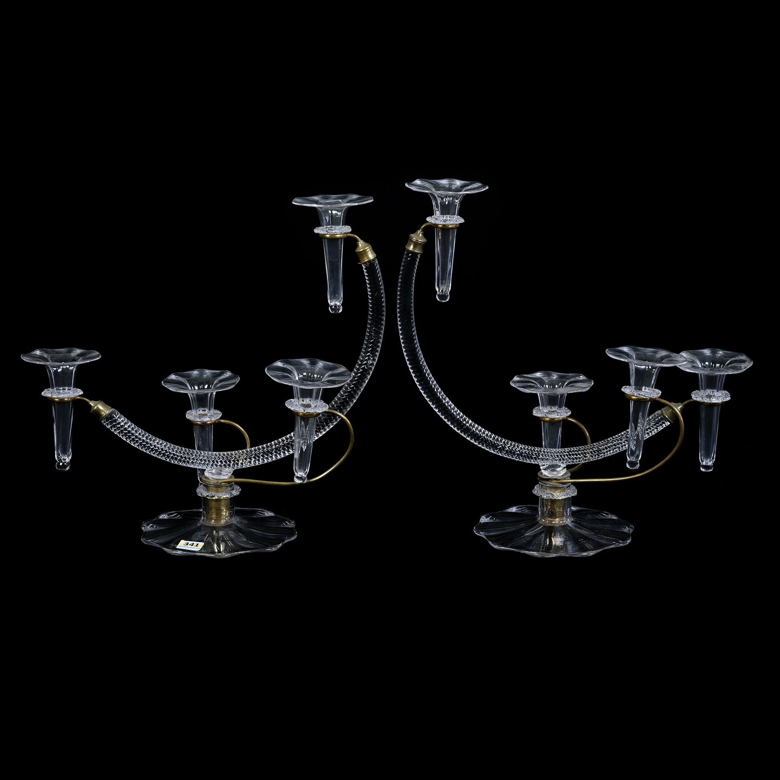 Pair Of Four Lily Epergnes, Clear Crystal With Removable Clear Lily Inserts: Pair Of Four Lily Epergnes, Clear Crystal With Removable Clear Lily Inserts, 12.5" x 13", Unique Form, One Lily Has Portion Of Rigaree Damaged, The Late Bunny Koppelman whose epergne Collection is fea