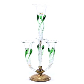 Epergne, Four Lily, Clear Glass Optic Rib Design, Green Applied Tadpole Highlights