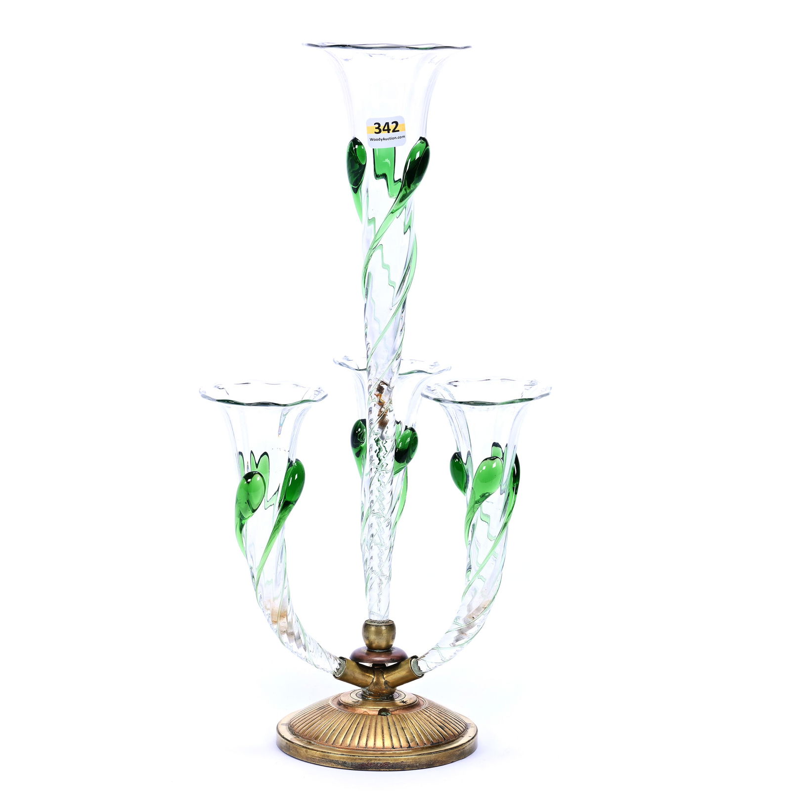 Epergne, Four Lily, Clear Glass Optic Rib Design, Green Applied Tadpole Highlights (1 of 4)