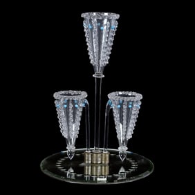 Epergne, Three Lily, Clear Crystal With Extensive Applied Rigaree And Blue Prunt Highlights