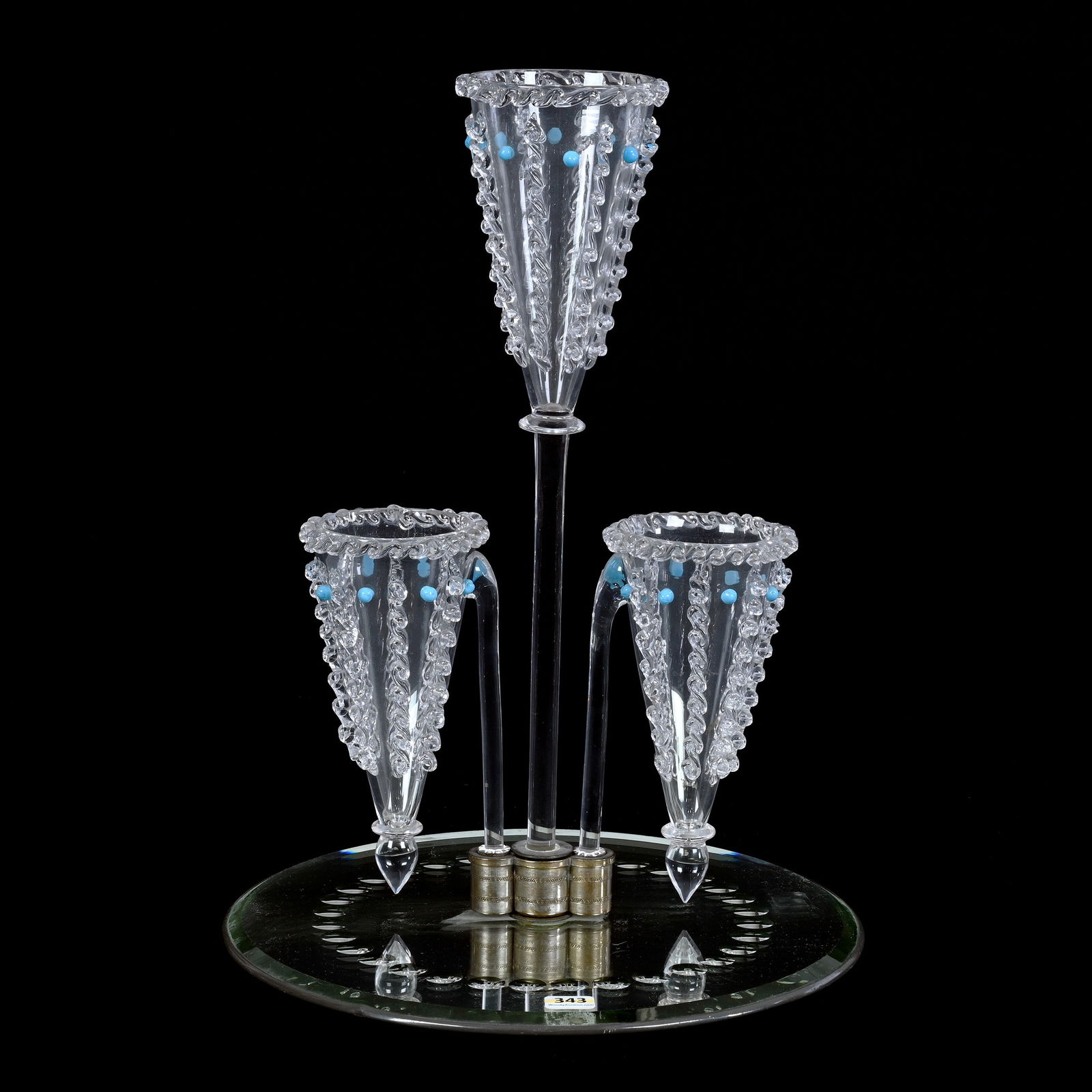 Epergne, Three Lily, Clear Crystal With Extensive Applied Rigaree And Blue Prunt Highlights (1 of 3)