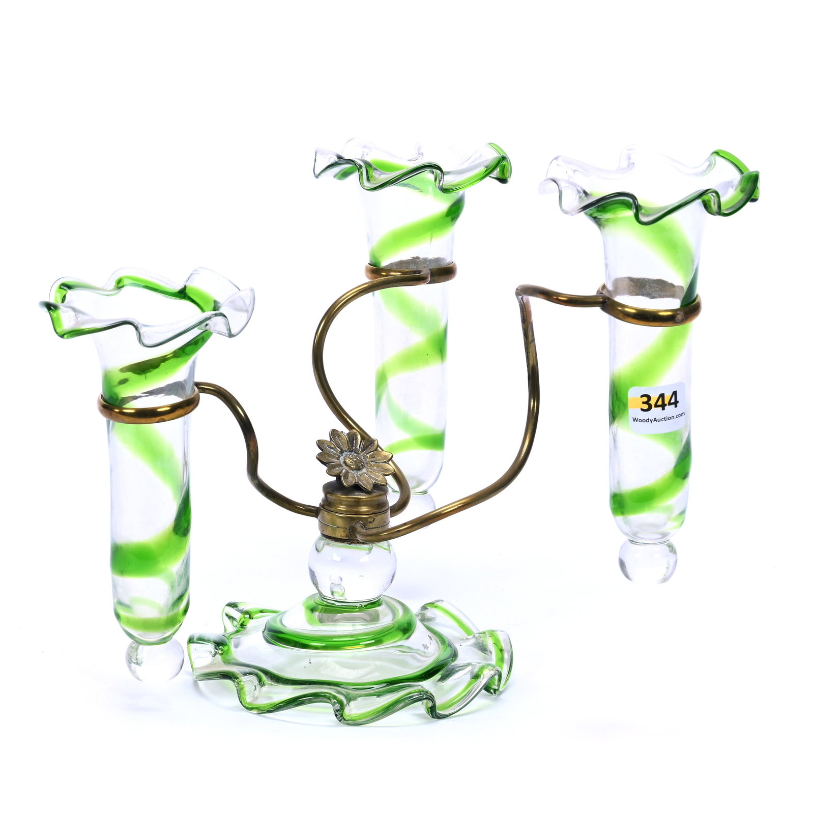 Epergne, Three Lily, Clear Crystal With Green Swirl Highlights: Epergne, Three Lily, Clear Crystal With Green Swirl Highlights, 8" x 10", Possibly Stourbridge, Pattern Matched Skirted Foot, The Late Bunny Koppelman whose epergne Collection is featured in the book,