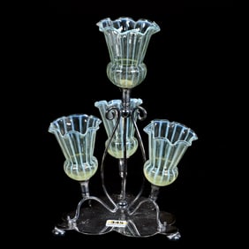 Epergne, Four Lily, Vaseline Opalescent Striped Lilies