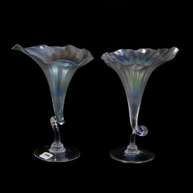 Pair Vases, Unmarked Steuben Verre De Soie Art Glass