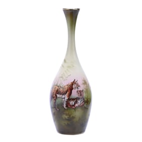 Vase, Bowling Pin Shaped, Marked R.S. Prussia, Green Tones With Rare Tiger Scenic Decor