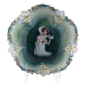 Bowl, Marked R.S. Prussia, Mold #55, Green And Yellow Tones With Fall Season Portrait Decor
