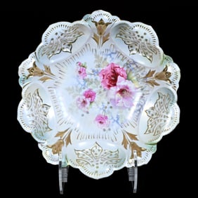 Bowl, Marked R.S. Prussia, Mold #101, White And Green Satin Finish With Pink Poppy Decor