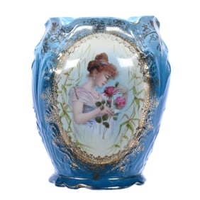 Incense Jar, Marked Prov Saxe, Blue Background With Medallion Scene Of Woman Smelling Roses